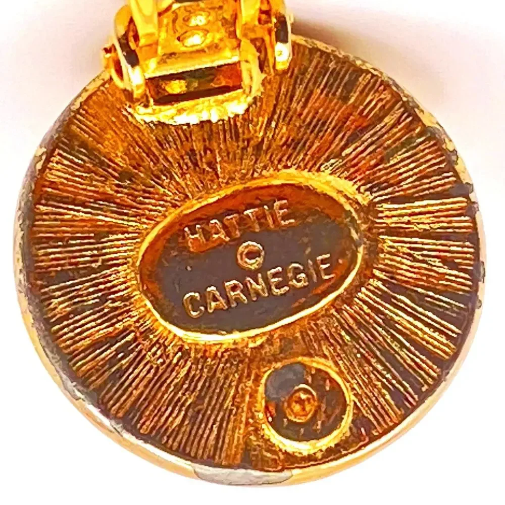 Vintage HATTIE CARNEGIE Faux Pearl Button Earrings Gold Tone Plated Clip On